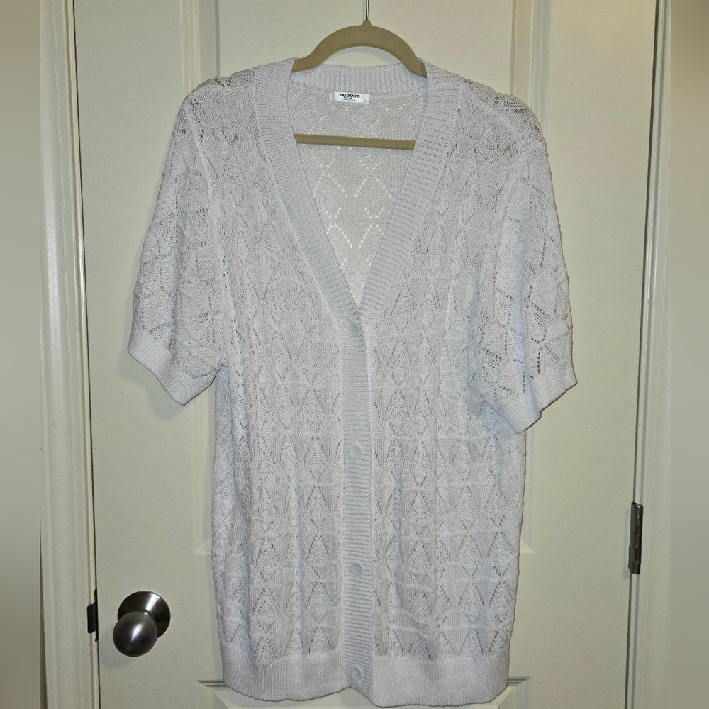 Zeagoo Women's White Open-Knit Short-sleeved Cardigan Sweater